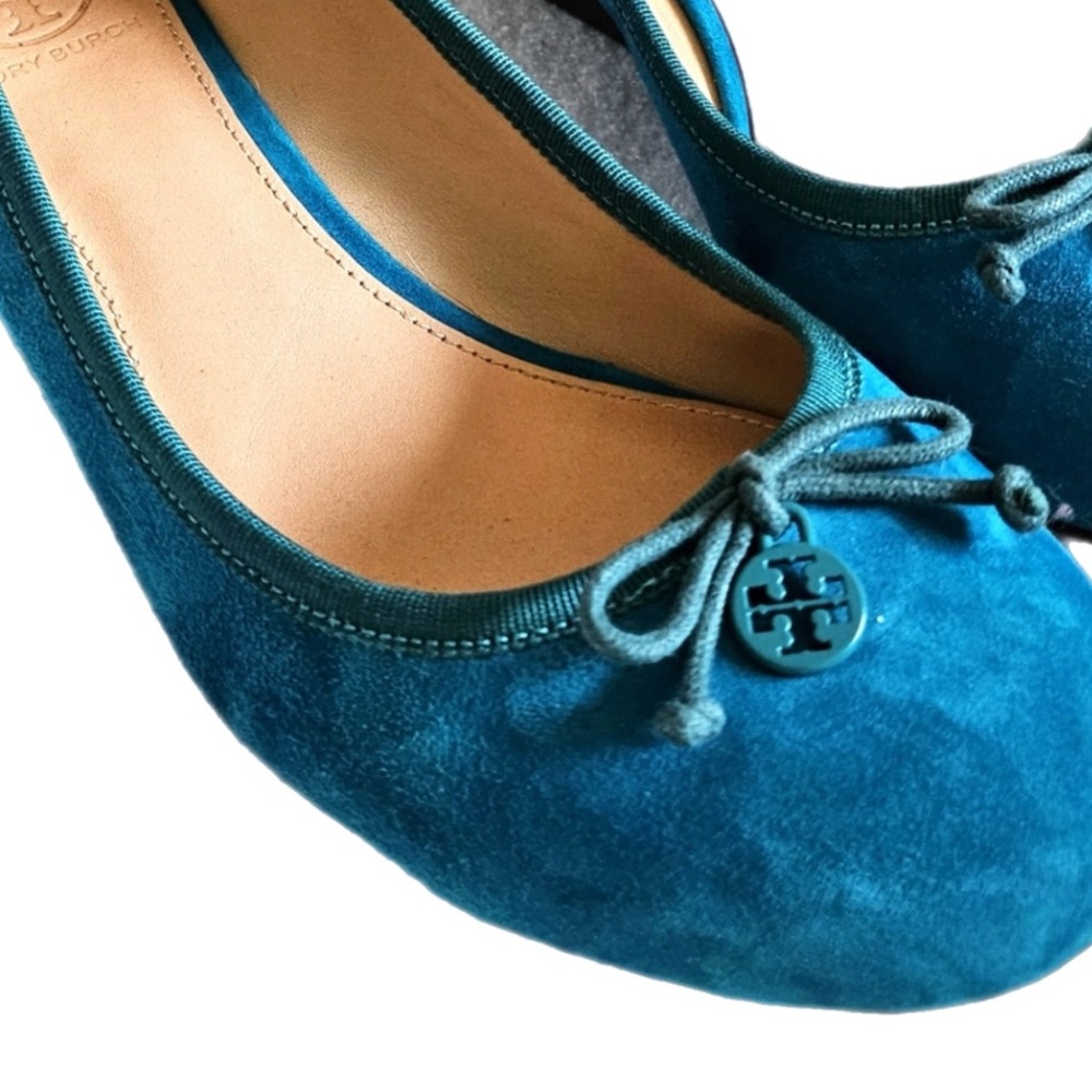 EUC Tory Burch Peacock Teal Suede Wedges in Excellent Used Condition Size 8 - Picture 5 of 8